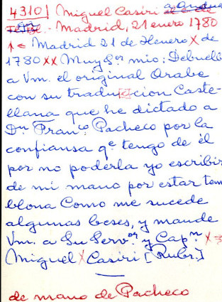 Carta de Miguel Casiri a José de Anduaga