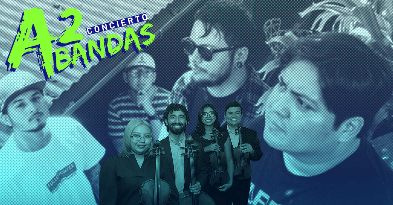 El afiche del concierto A2Bandas incluye una imagen de gran tamaño del grupo Días de Octubre y, en el centro, la fotografía de la Sociedad de la ...