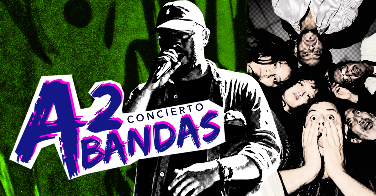 En el centro, una imagen del rapero Oneime y, a la derecha, la del grupo Lxs Bastardxs. Aparece también el texto A2Bandas Concierto. 