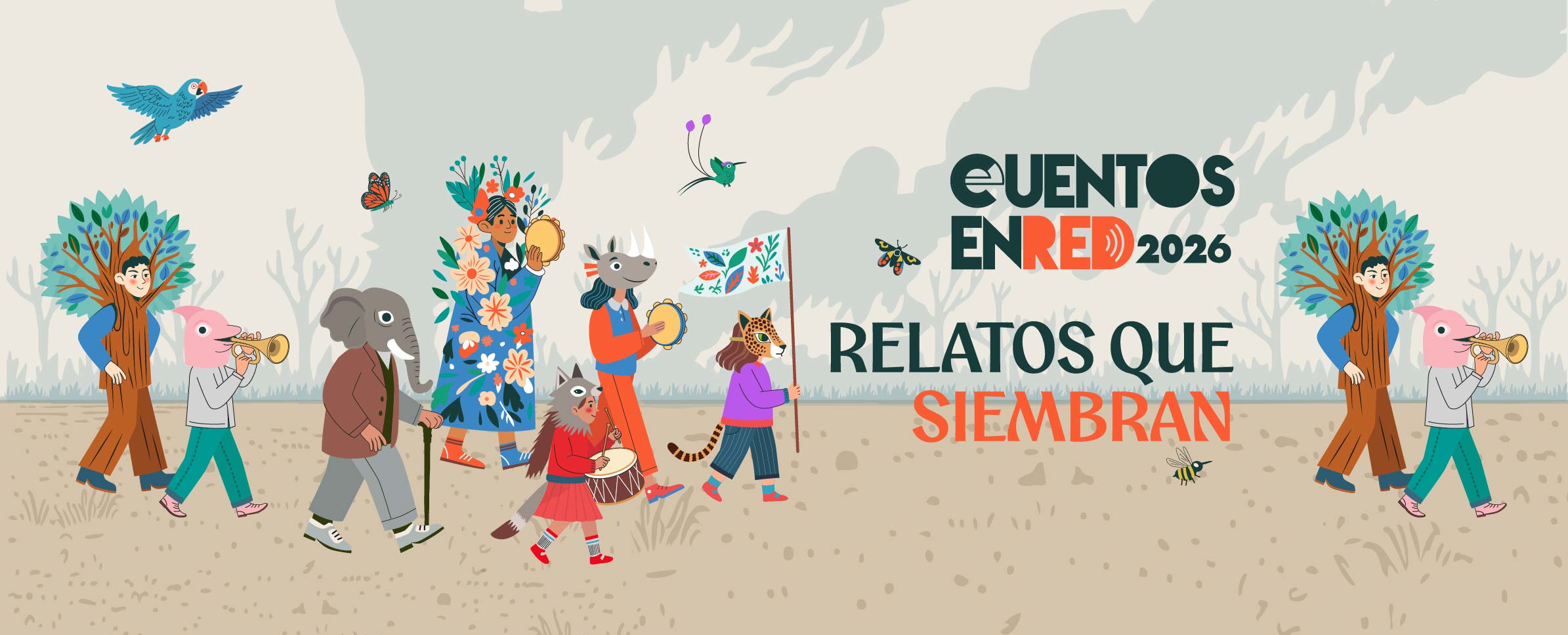 Una ilustración con varios animales vestidos como seres humanos y tocando instrumentos con el título Cuentos en Red 2026 Relatos que siembran