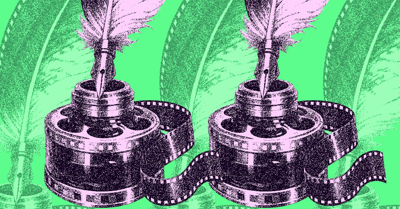 La imagen muestra un fondo verde con plumas estilográficas y dos rollos cinematográficos con sendos plumines de escribir