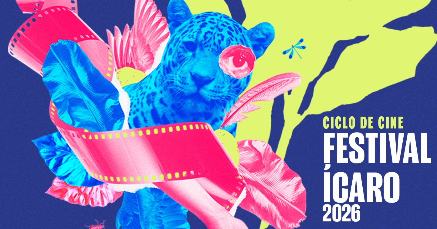 La imagen mezcla una cinta cinematográfica con un ocelote, plumas de ave y otros elementos con el texto Ciclo de cine Festival Ícaro 2026