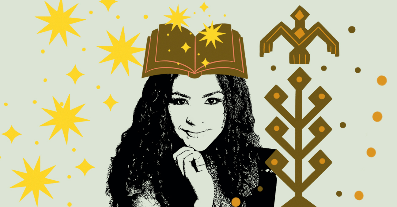 Una fotografía en blanco y negro de la poeta Roxana Méndez en primer plano y de frente, rodeada de ilustraciones, como un libro abierto en su cabeza, estrellas y símbolos tradicionales salvadoreños.