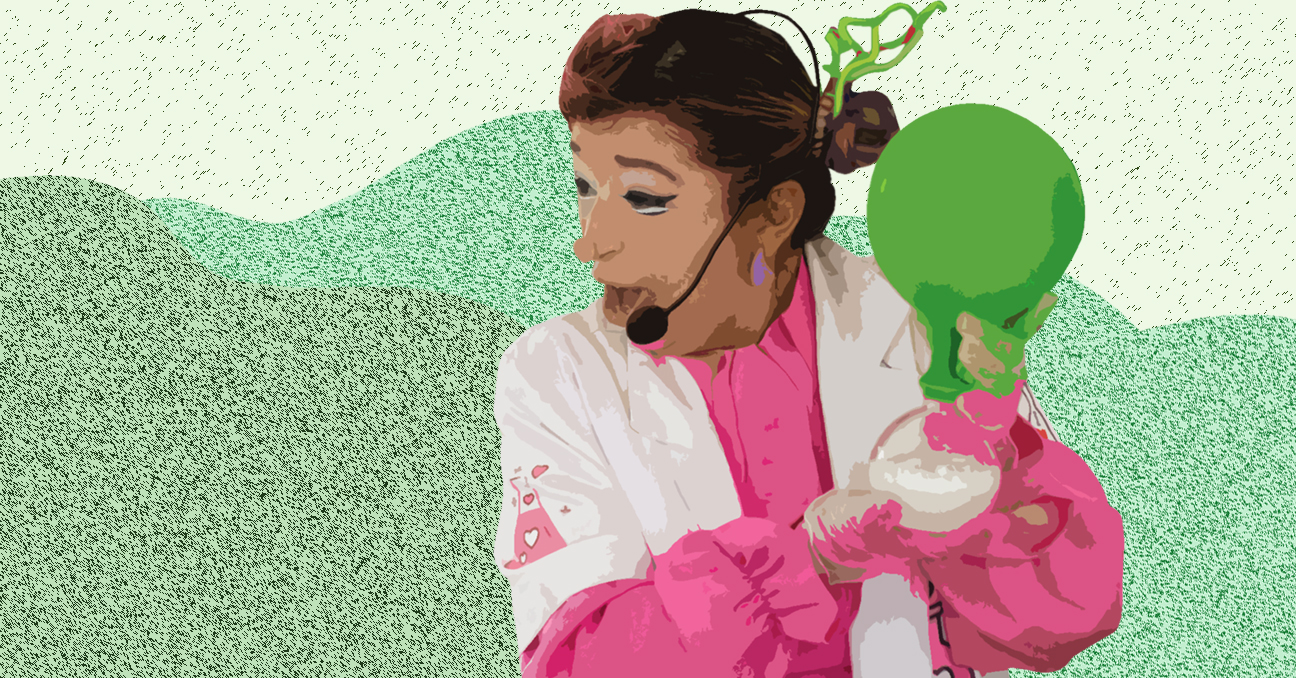 Ilustración de una payasa con bata de científica y algunas piezas de laboratorio.
