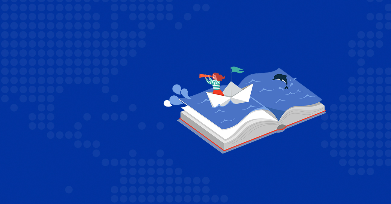 Sobre un fondo azul que simula un mapa, una mujer navega con un barquito de papel en un libro mientras otea el horizonte con un catalejo. Un delfín salta en el libro-mar.