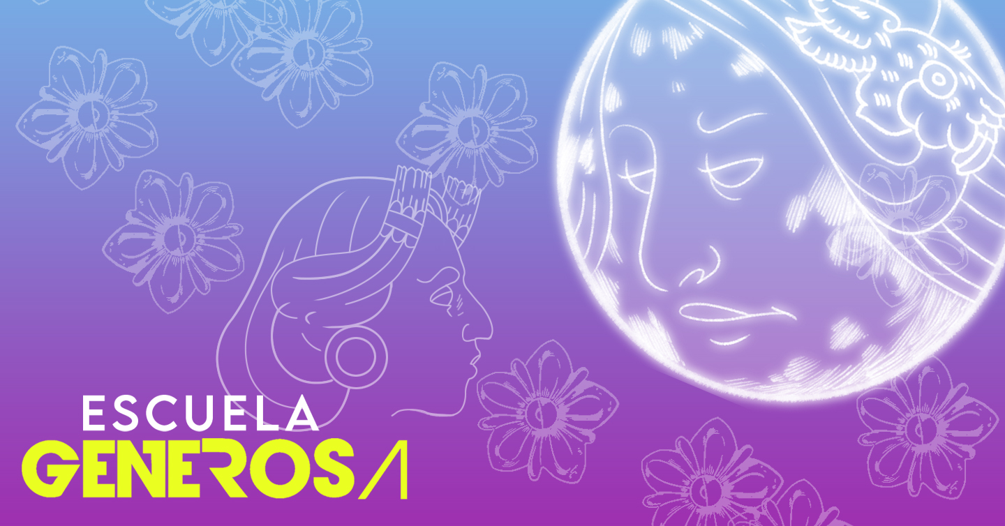 Un rostro femenino en una luna llena, otro rostro femenino rodeado de flores y el texto Escuela Generosa