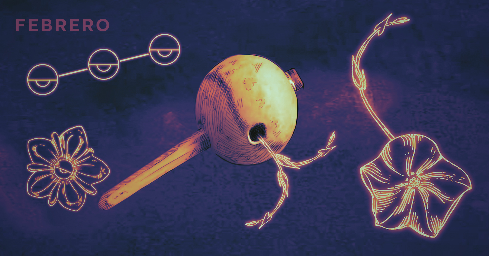 Ilustración de Gonzalo Vásquez para la imagen del Centro Cultural de España en El Salvador en 2026 con un fondo azul-morado, flores y una maraca ...