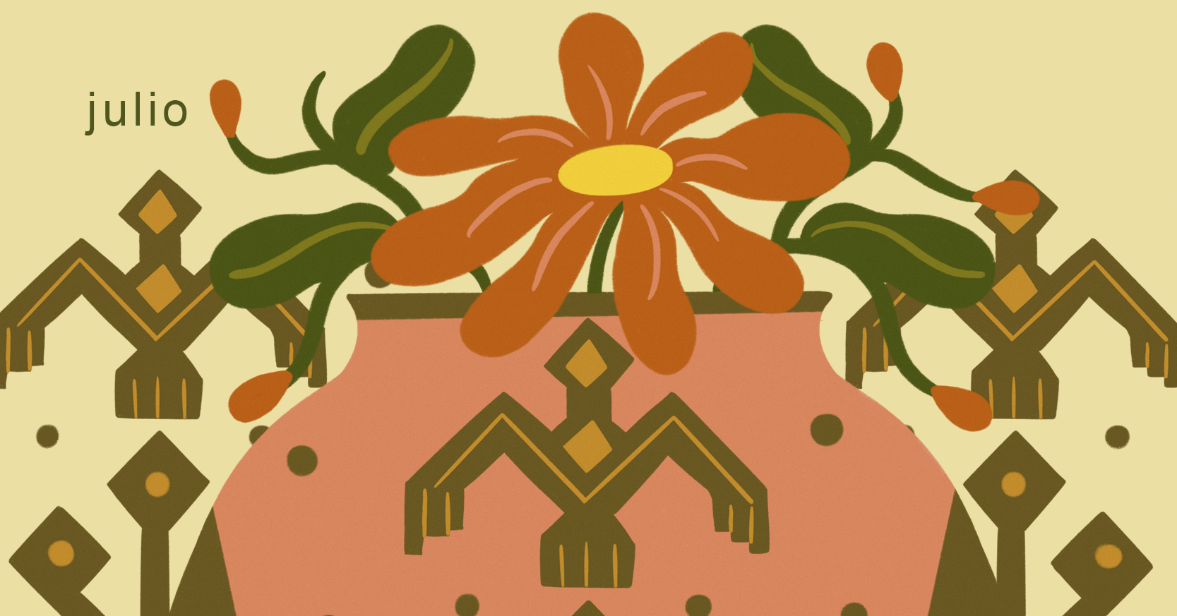 Ilustración con la parte superior de una vasija que contiene una gran flor. Alrededor de la vasija y en su superficie hay símbolos de pueblos indígenas. También se puede leer la palabra julio.