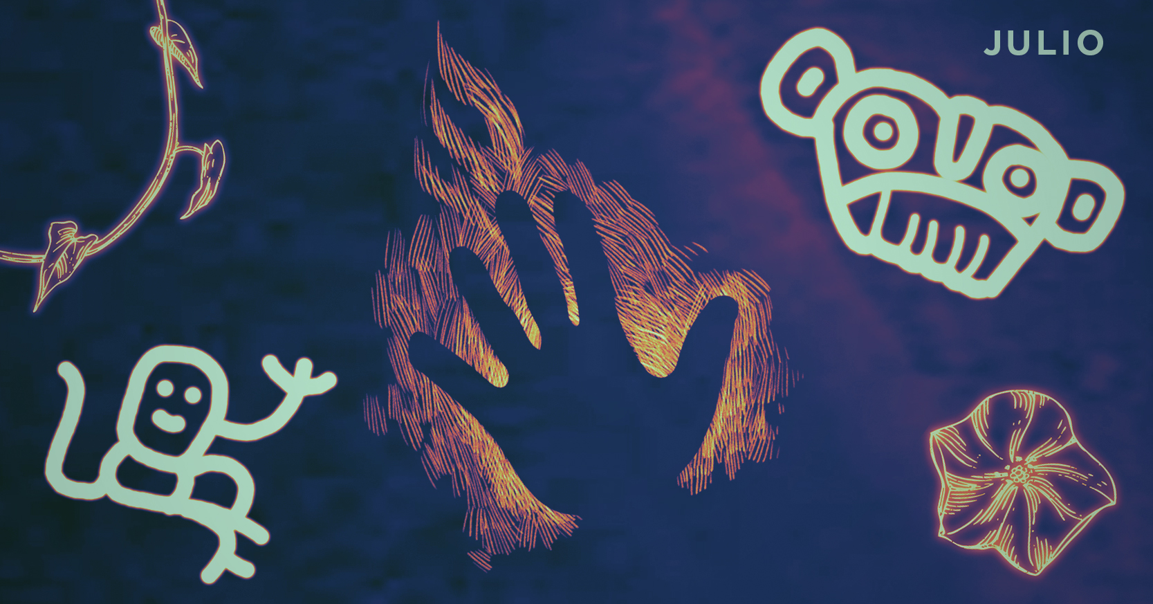La silueta de una mano abierta rodeada de un fuego simbólico, flores, imágenes mayas y la palabra julio