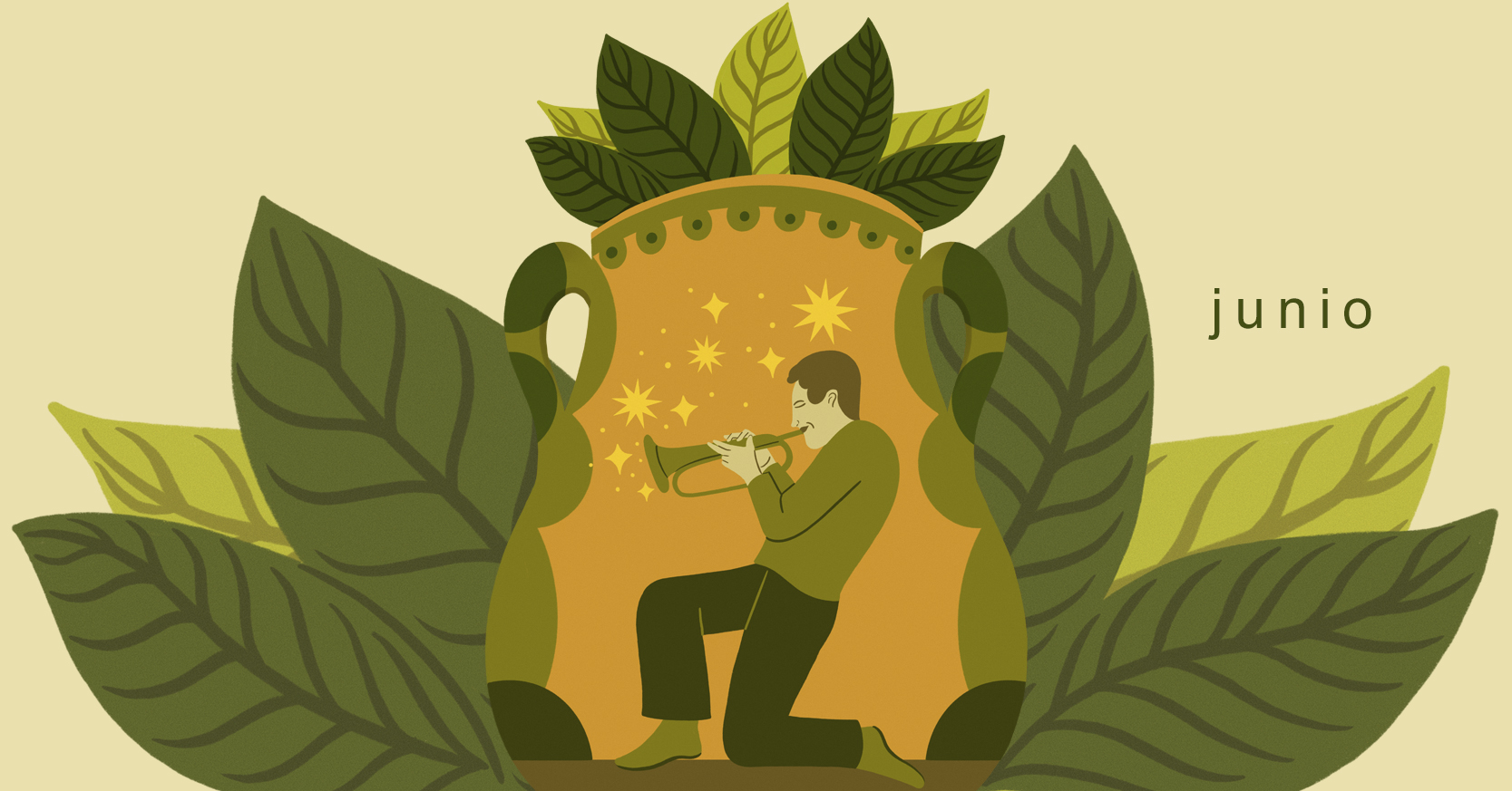 Una ilustración de una vasija con un hombre de perfil y semiarrodillado que toca la trompea. Alrededor de la vasija hay grandes hojas de plantas y la palabra junio