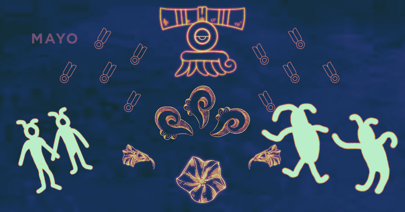Sobre un fondo azul añil aparecn varios símbolos, flores y personajes, además de la palabra Mayo