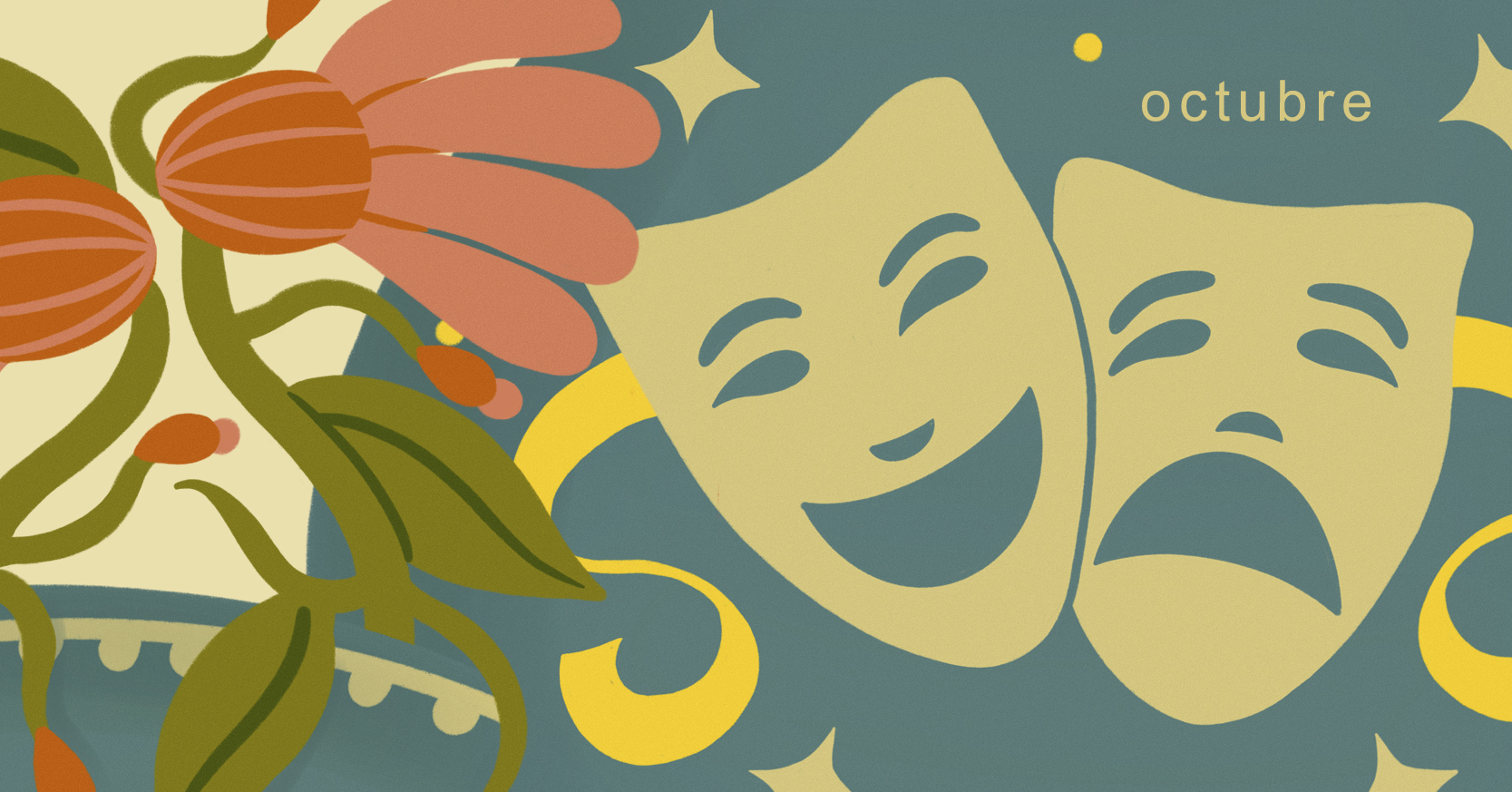 Dos máscaras, una sonriente y otra triste, símbolo del teatro. Enmarcadas por flores y plantas.