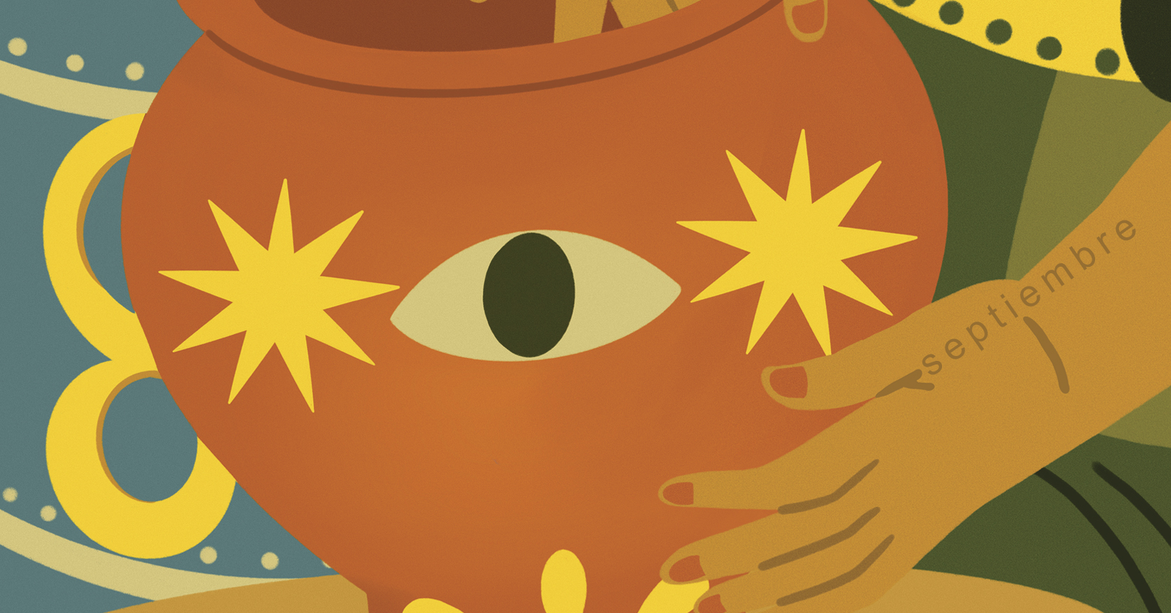 Un brazo sostiene una tinaja o vasija que tiene un ojo y dos estrellas. En el brazo aparece el texto: septiembre.