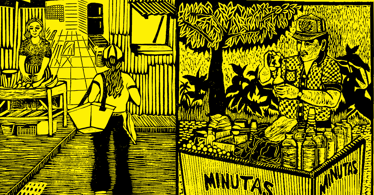 Un grabado con fondo amarillo de escenas salvadoreñas: una venta de sorbetes y un carro de minutas