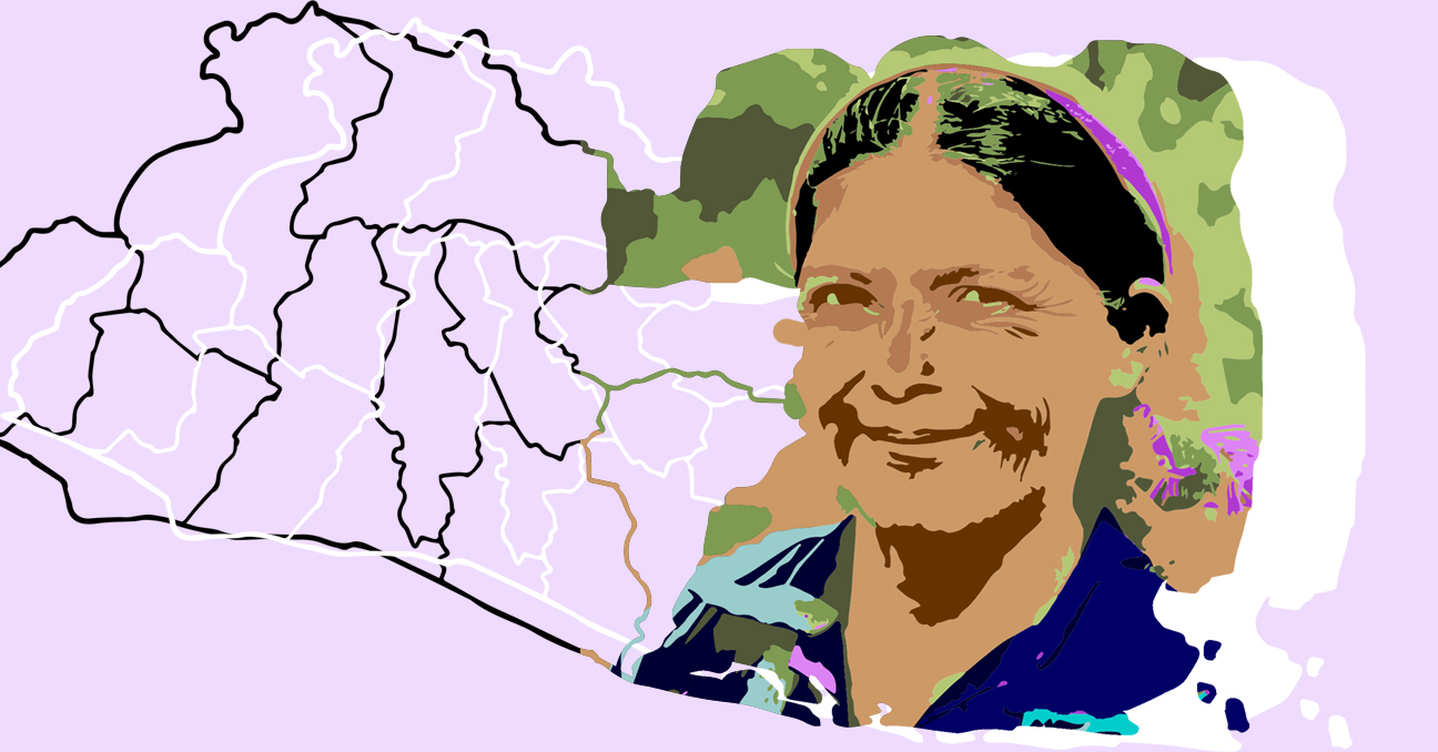 A la derecha aparece el rostro de una mujer lenca situada sobre un mapa de El Salvador, sobre las zonas del oriente del país