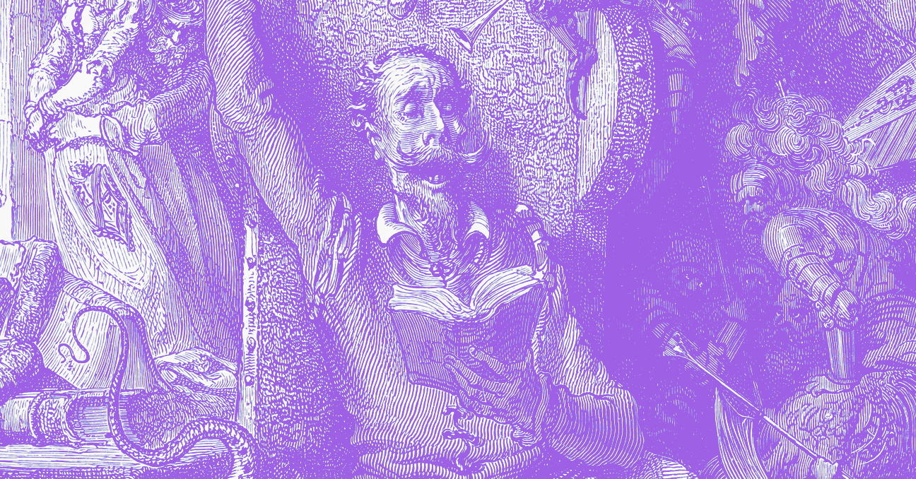 Un grabado con el personaje de El Quijote con un libro en la mano, del grabador Gustave Doré