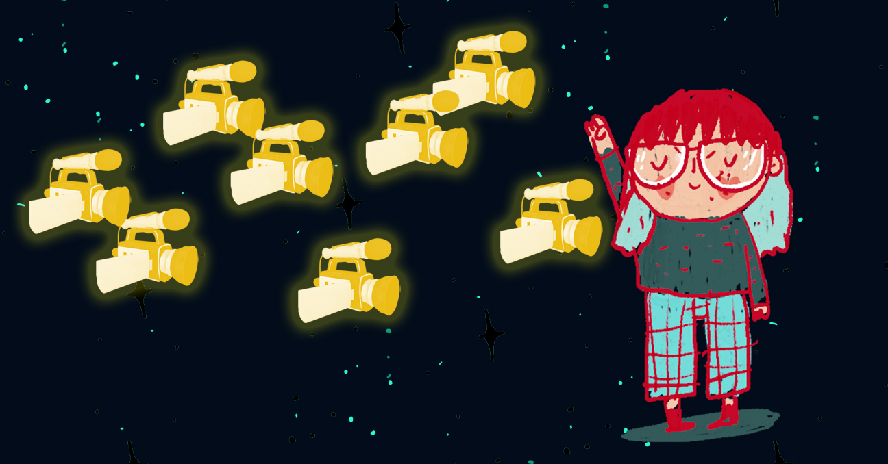 Ilustración con una niña y varias cámaras de televisión sobre un fondo negro