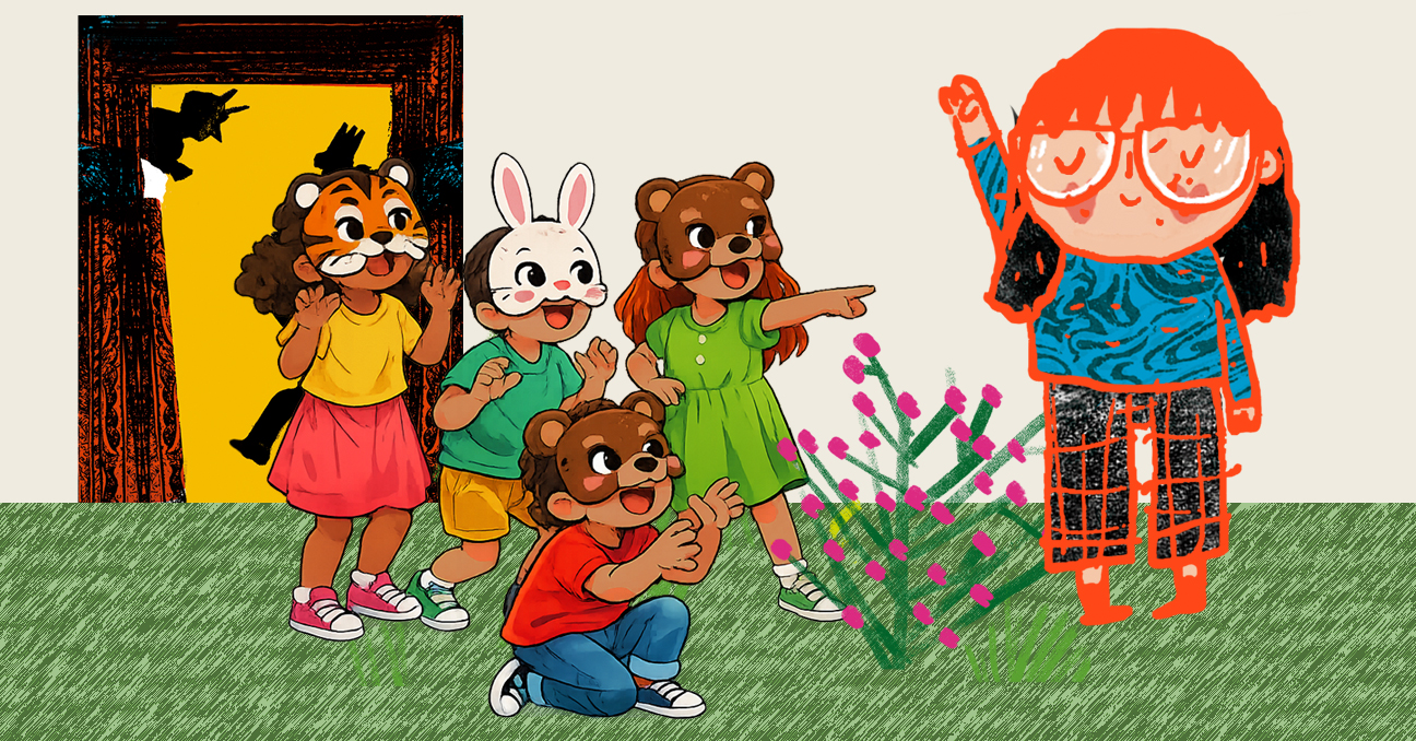 Una ilustración con una niña, que identifica a la programación infantil Chispas del CCESV, y un grupito de dos niñas y dos niños con máscaras de animales.