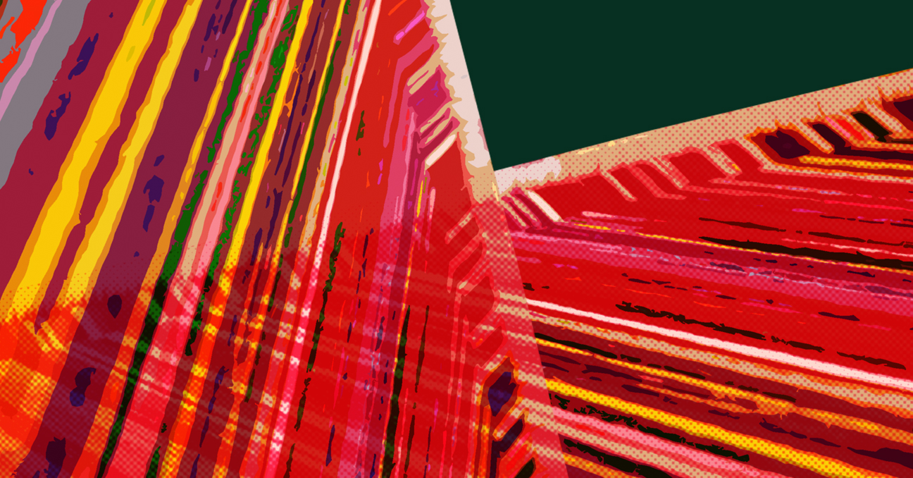 Líneas de tejidos de telares salvadoreños de colores se cruzan en la imagen.
