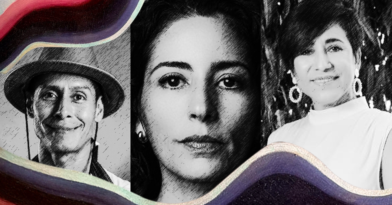 Tres fotografías en primer plano de los artistas escénicos Carlos Córdova, Paola Miranda y Dinora Alfaro en blanco y negro, que simulan formar una ...