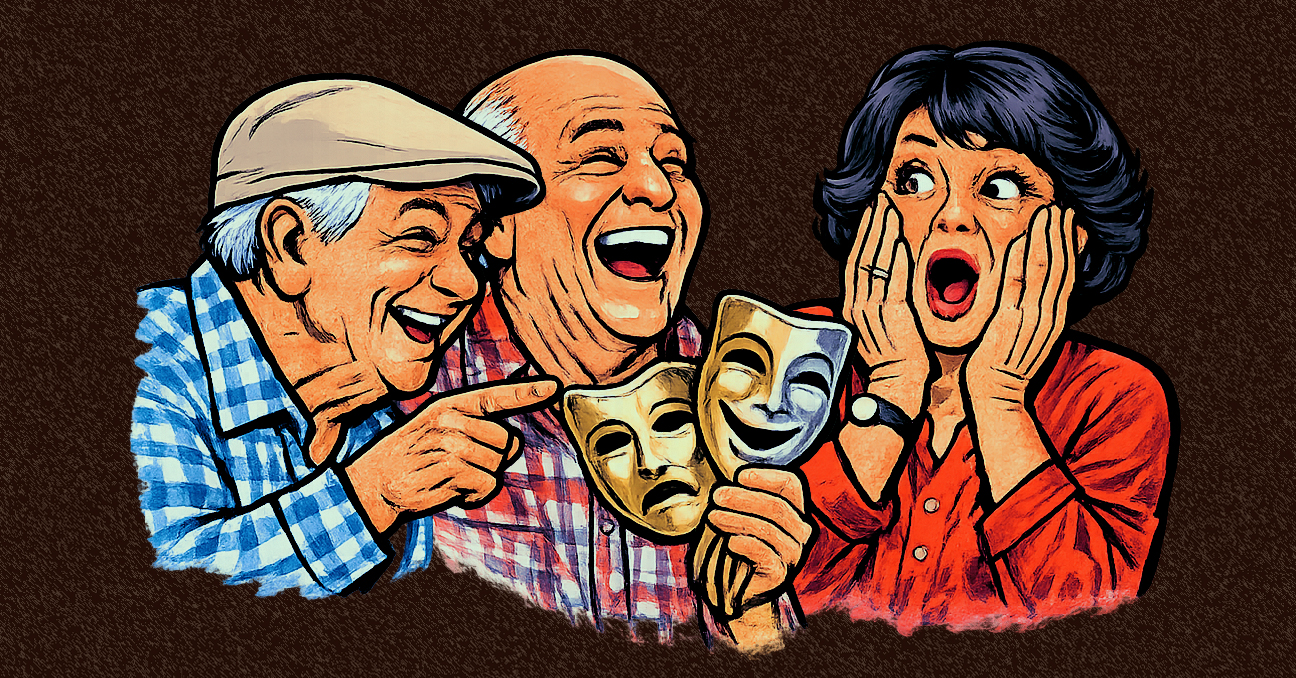 Una ilustración con tres personas adultas mayores riendo o en gesto de asombro. El hombre del centro sostiene las dos máscaras clásicas del teatro: la que aparece triste y la que ríe. 