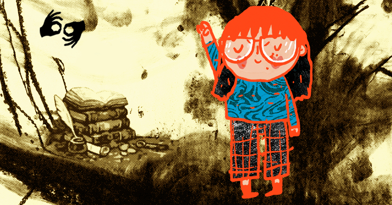 Una ilustración con libros y un tintero en tonos sepias con una niña dibujada en un estilo más moderno y colorido. La imagen incluye el ícono de ...