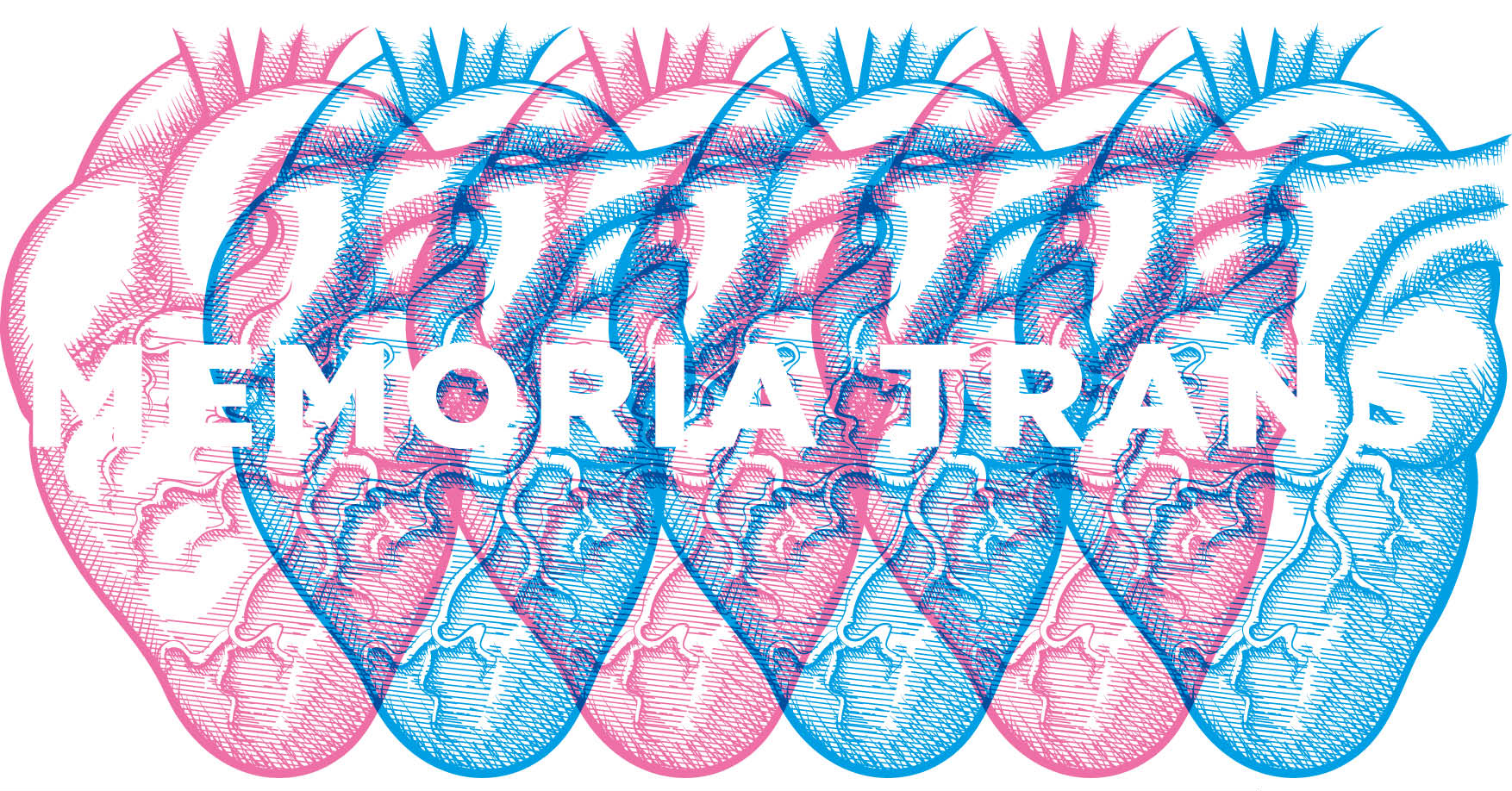 Corazones azules y rosas entrelazados con literal 'Memoria Trans'