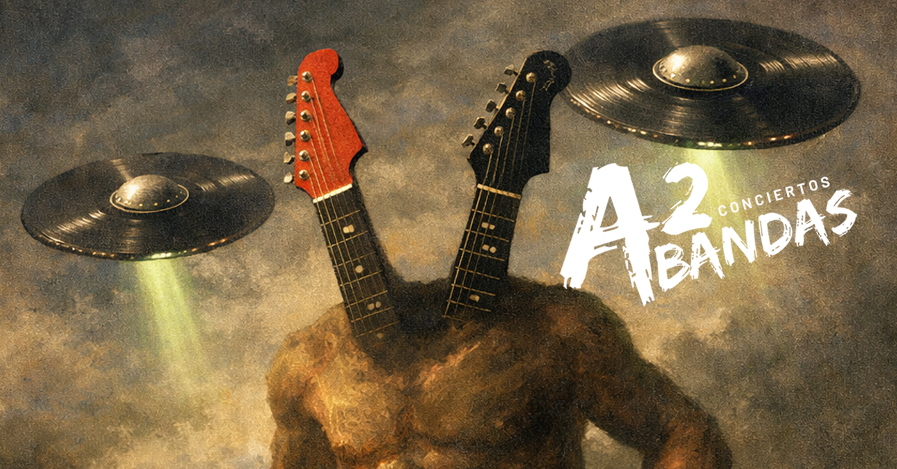 La ilustración muestra el torso de un hombre que tiene como cabeza dos mástiles de guitarras. A su lado dos OVNIS con forma de vinilo musical y el texto A2Bandas conciertos