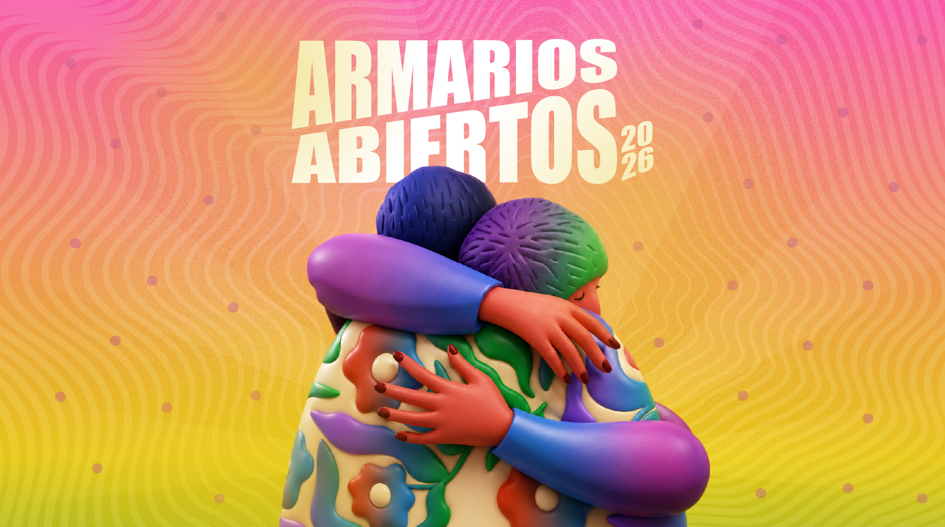 Dos figuras abrazadas, modeladas en plastilina de múltiples colores, y el texto Armarios Abiertos 2026