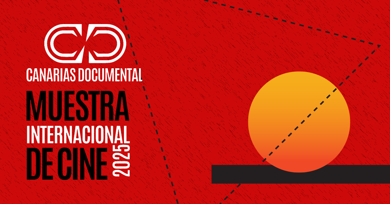 Sobre un fondo rojo, aparecen un círculo amarillo, un rectángulo negro y unas líneas pespunteadas, con el texto Canarias Documental Muestra Internacional de Cine 2025