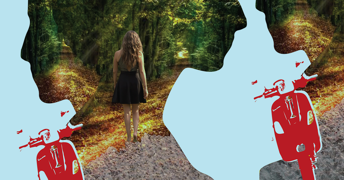 Una mujer camina de espaldas por un bosque, la imagen está dentro de un perfil de un rostro de mujer.