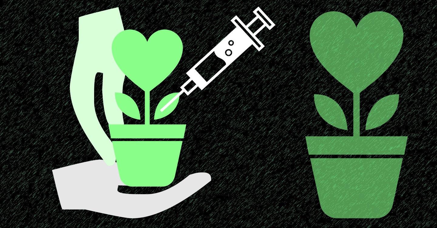Una ilustración con dos plantas en forma de corazón. Una de ellas está sostenida por dos manos y se le está aplicando una inyección. 