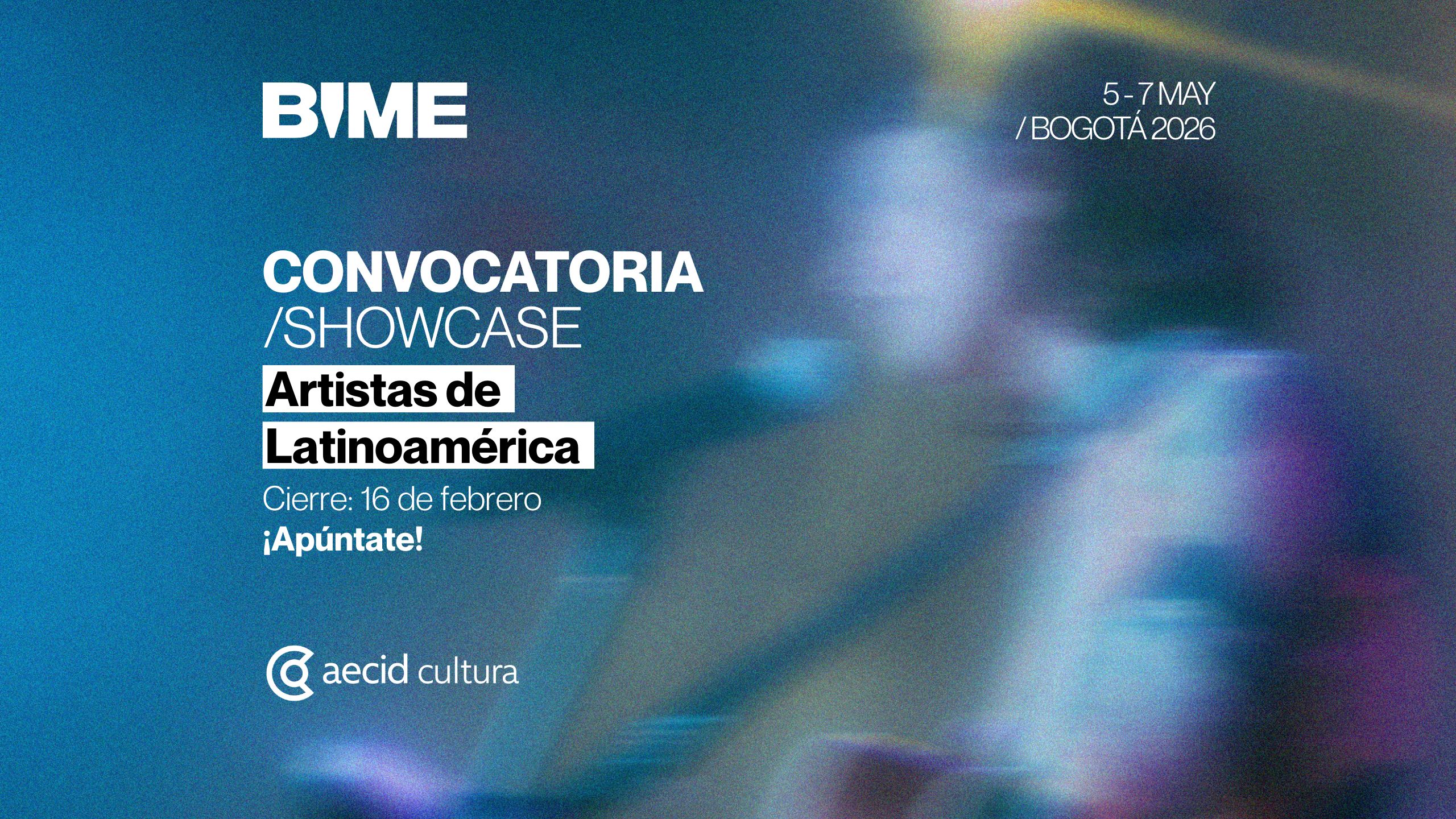 Afiche con el texto Convocatoria  Showcase Artistas de Latinoamérica Cierre: 16 de febrero. ¡Apúntate! Incluye el logotipo de AECID Cultura