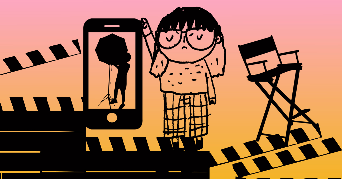 Una ilustración con una niña rodeada por una silla de directora de cine, una claqueta y un celular gigante