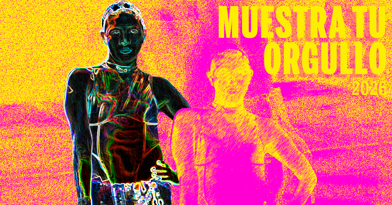 Una imagen una persona y su reflejo con el texto Muestra Tu Orgullo 2026 sobre fondo rosado y amarillo